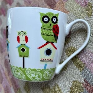 Seven Whimsical Owls on Birdhouses Colorful Ceramic Mug EUC